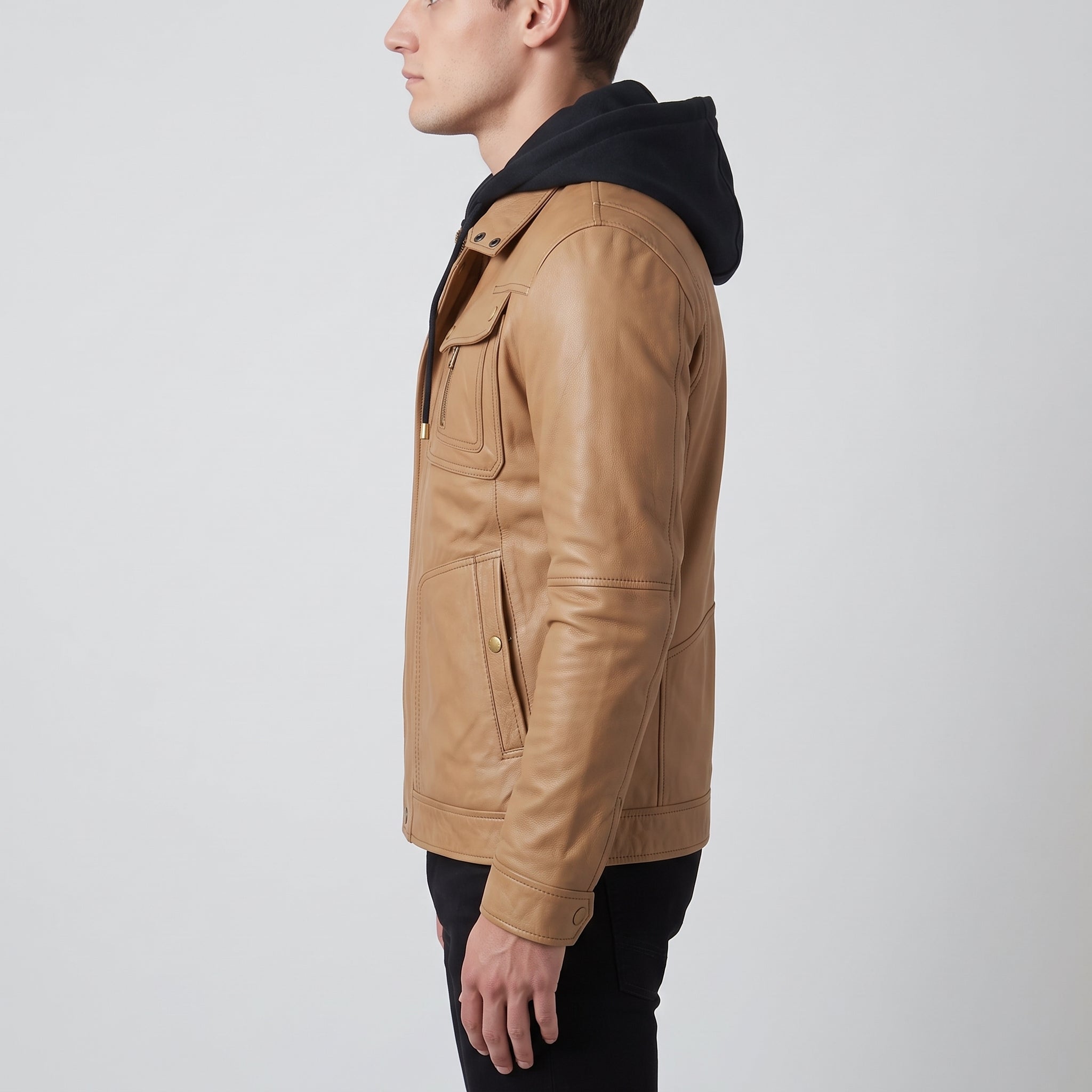 Men's Tan Hooded Leather Biker Jacket — Upton
