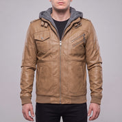 Men's Tan Hooded Leather Bomber Jacket — Walsh