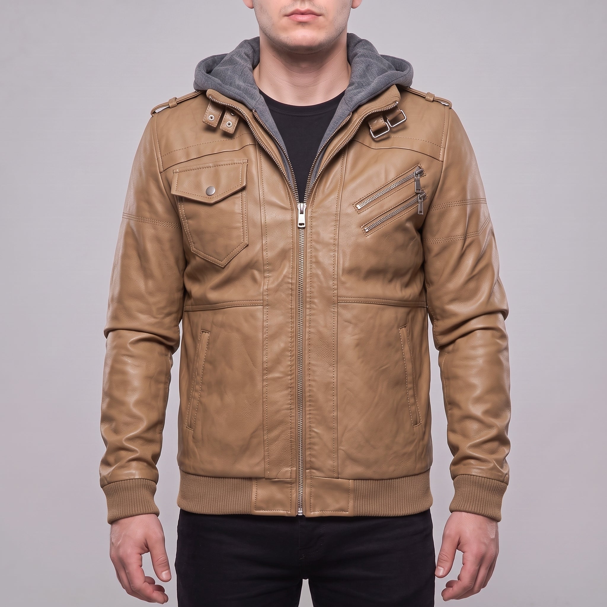 Men's Tan Hooded Leather Bomber Jacket — Walsh