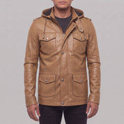 Men's Tan Hooded Leather M-65 Field Jacket — Cranshaw