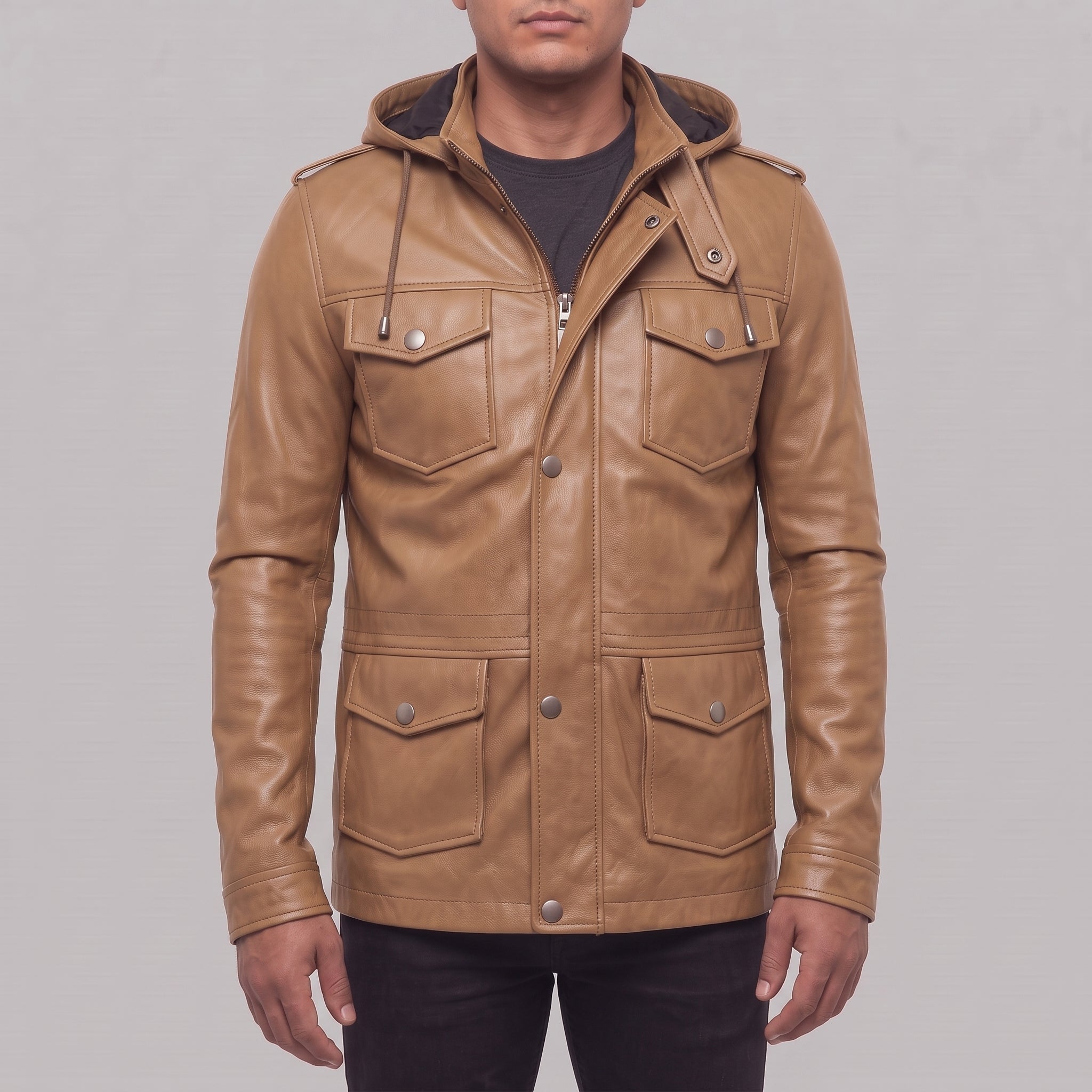 Men's Tan Hooded Leather M-65 Field Jacket — Cranshaw