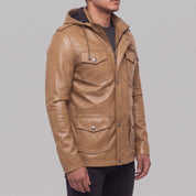 Men's Tan Hooded Leather M-65 Field Jacket — Cranshaw