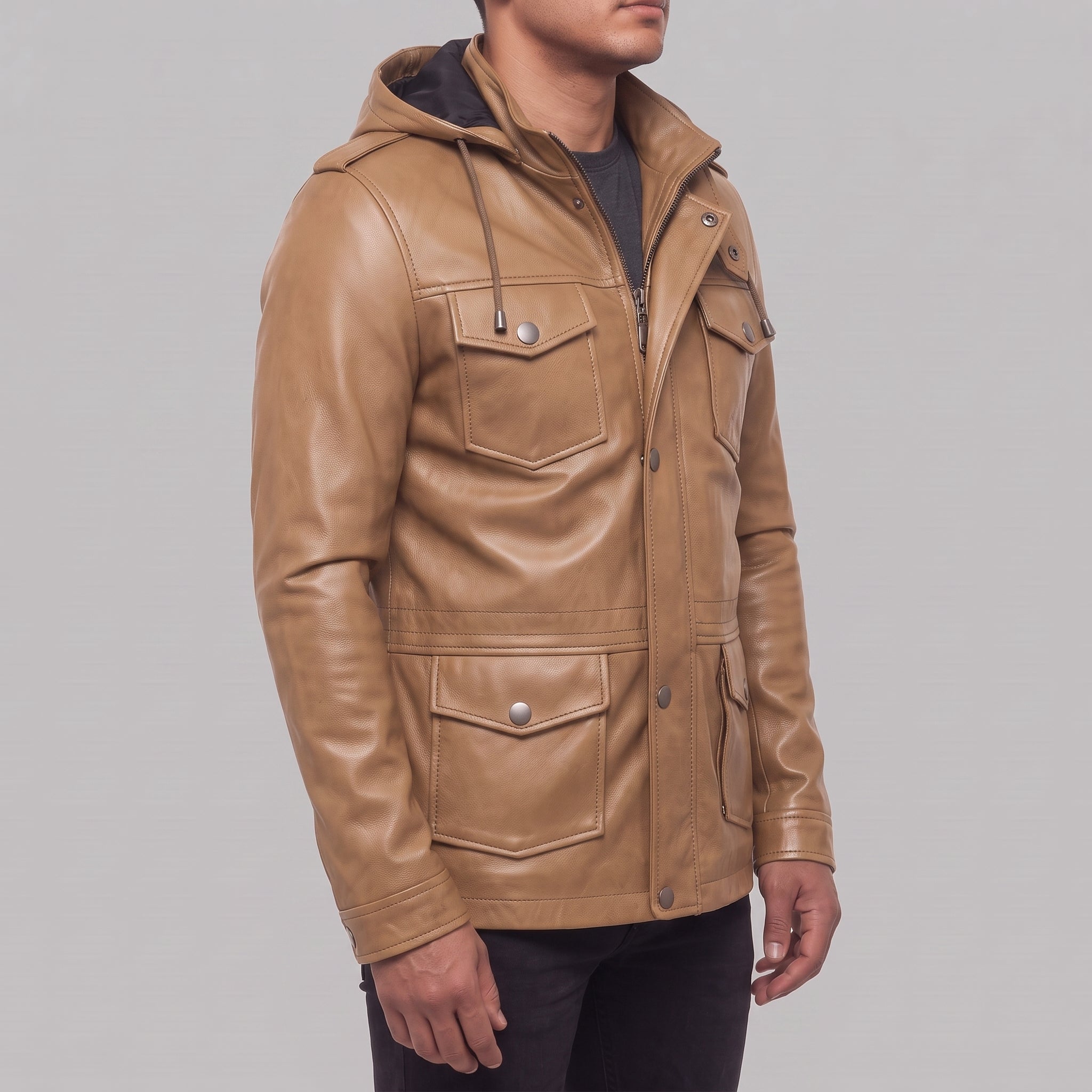 Men's Tan Hooded Leather M-65 Field Jacket — Cranshaw