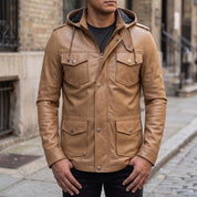 Men's Tan Hooded Leather M-65 Field Jacket — Cranshaw