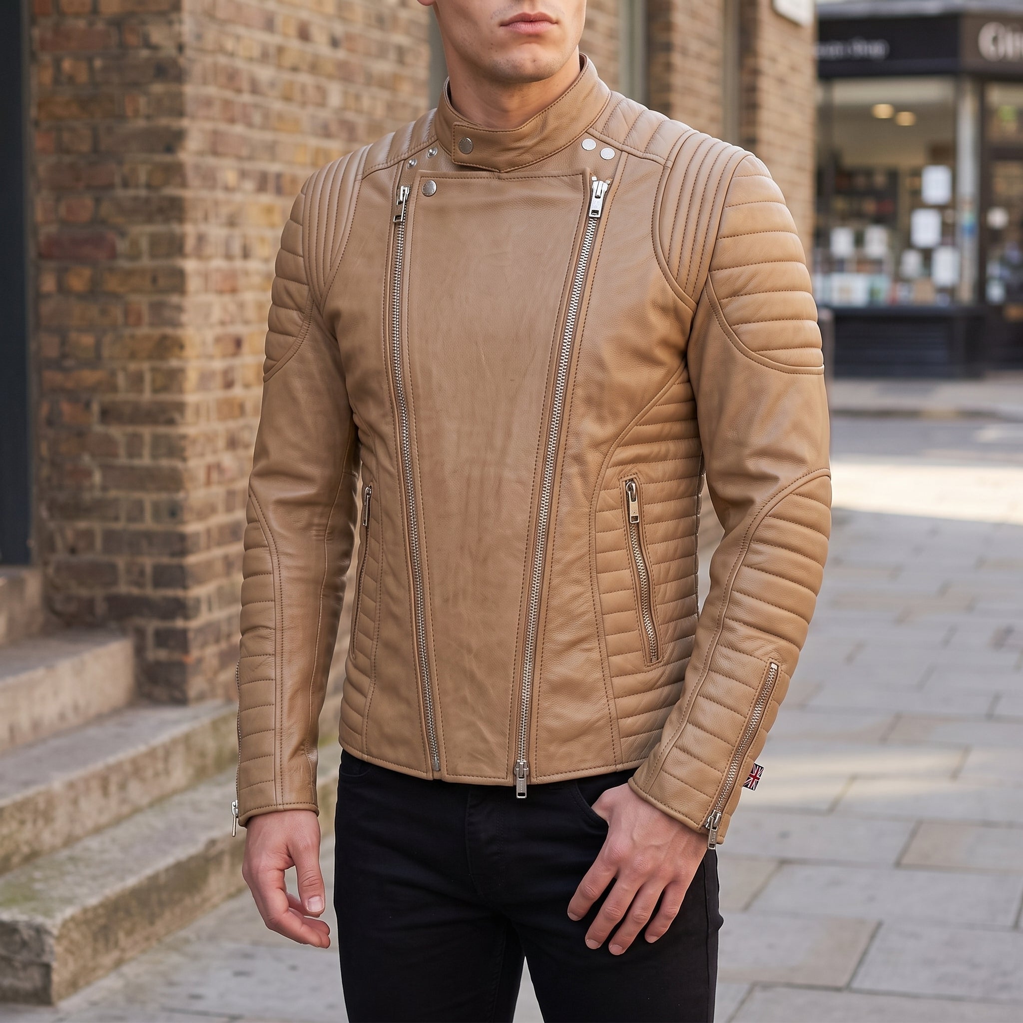 Men's Tan Leather Biker Jacket — Ampleforth