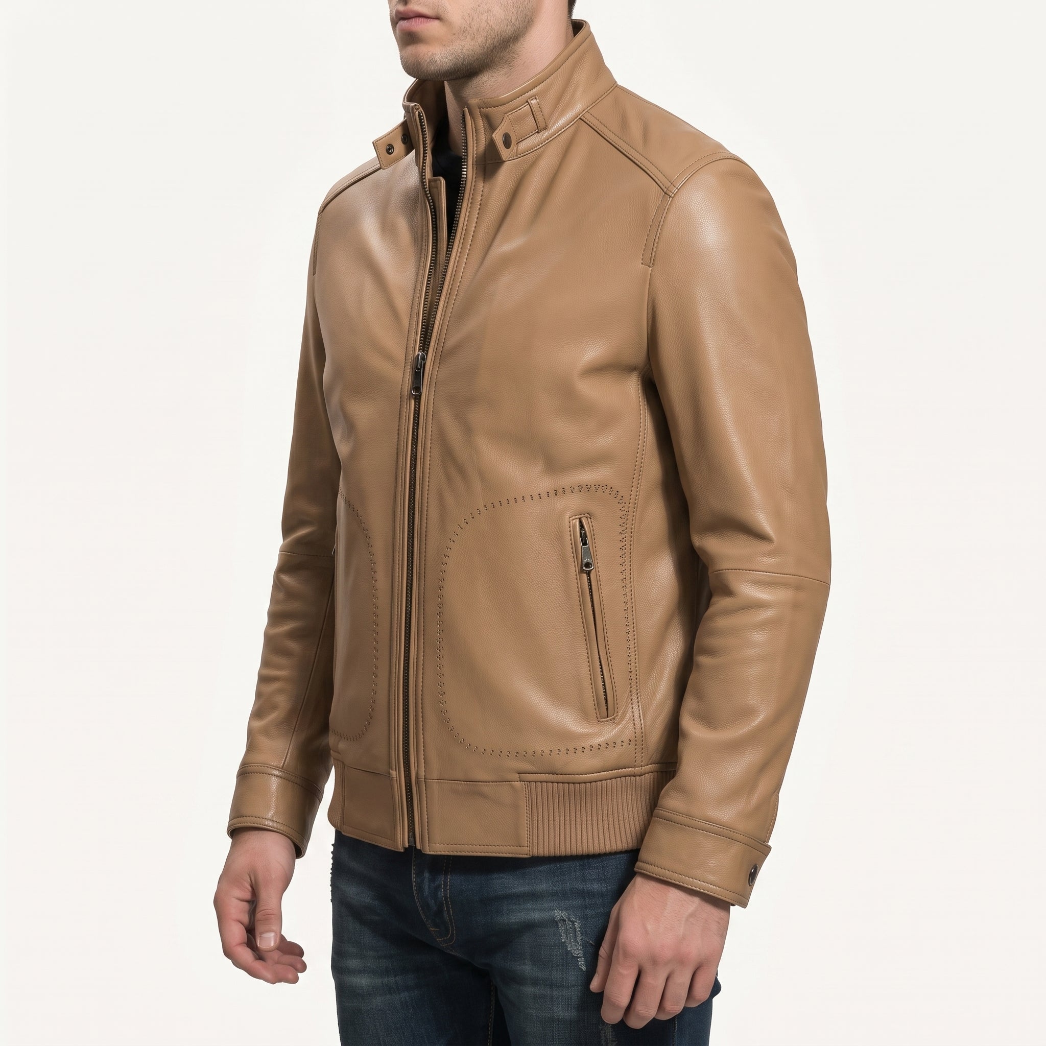 Men's Tan Leather Biker Jacket — Austen