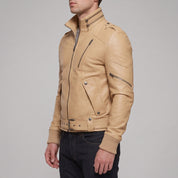 Men's Tan Leather Biker Jacket — Ayton