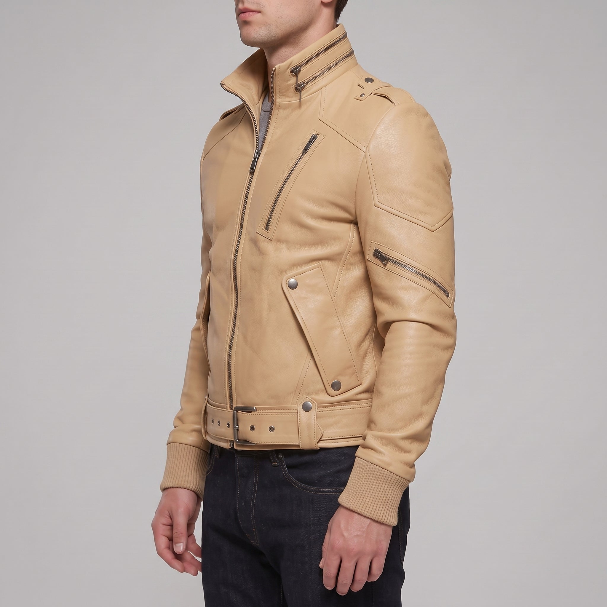 Men's Tan Leather Biker Jacket — Ayton