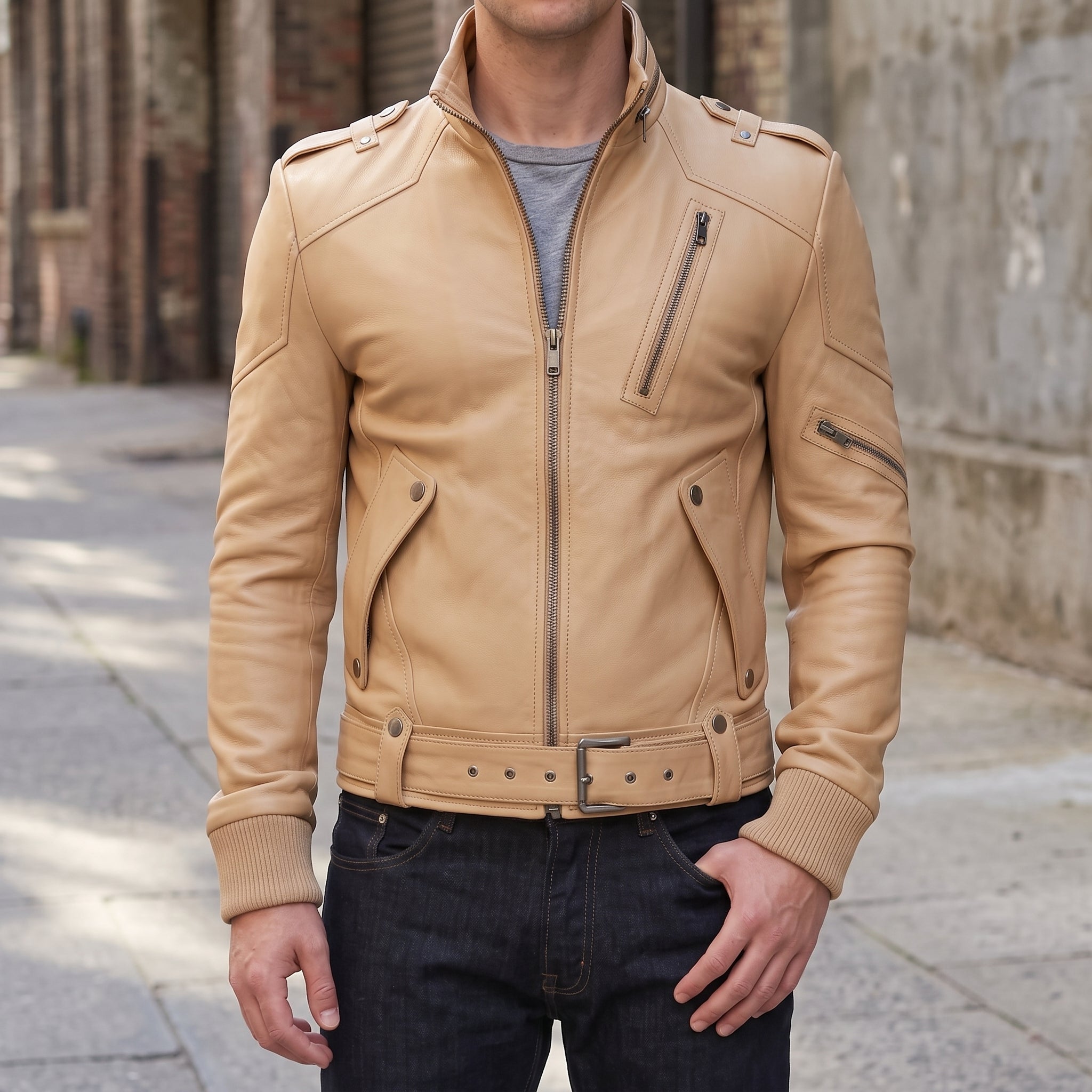 Men's Tan Leather Biker Jacket — Ayton