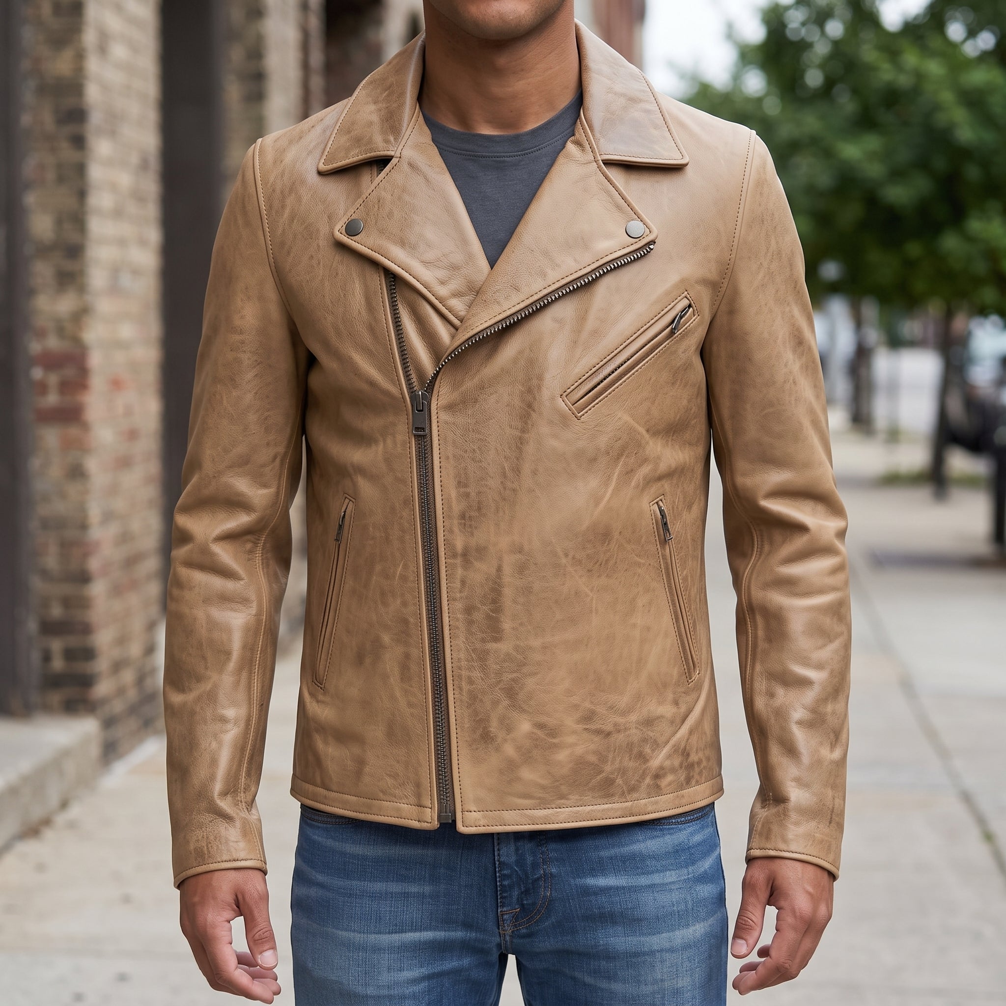 Men's Tan Leather Biker Jacket — Belmont