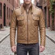 Men's Tan Leather Biker Jacket — Benedict