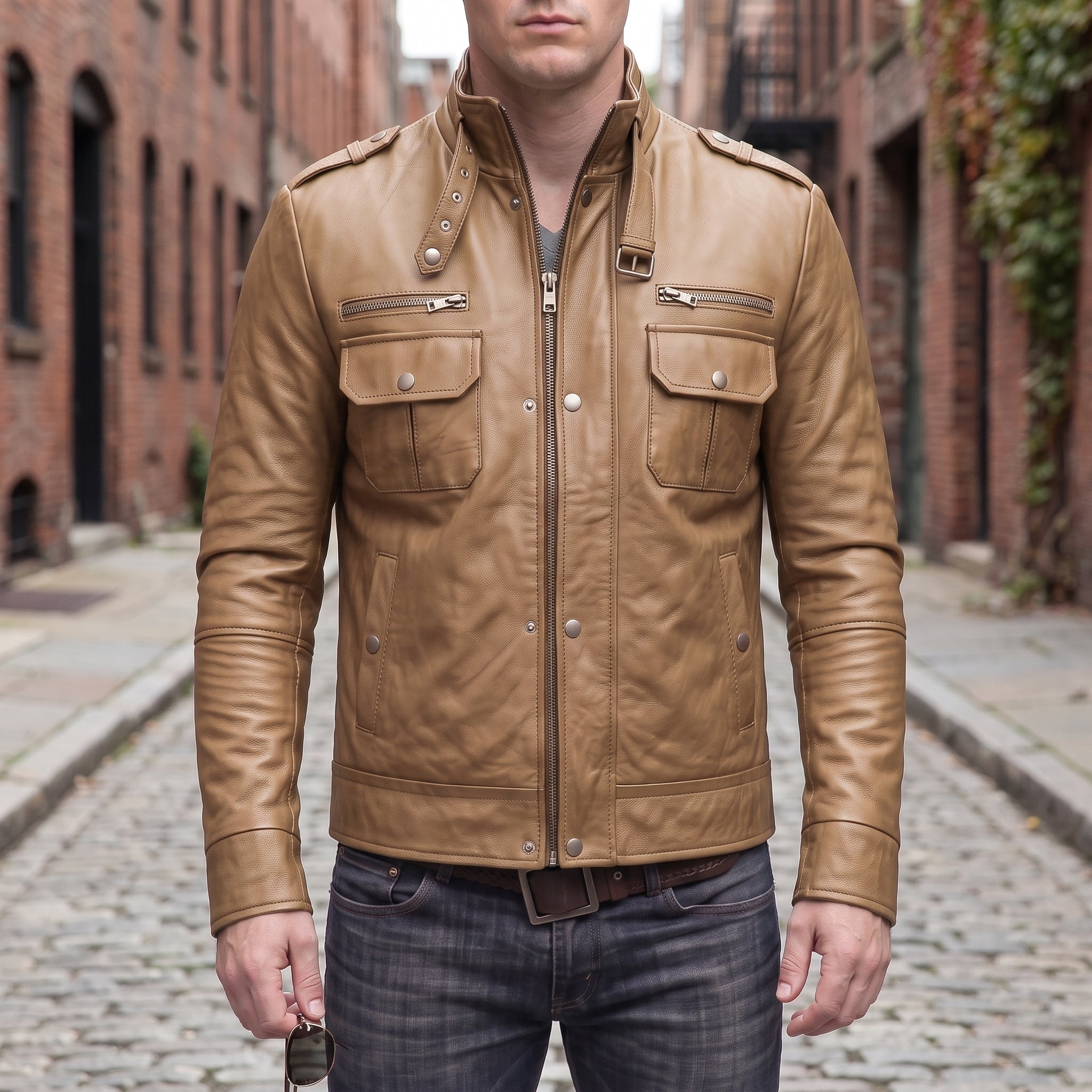 Men's Tan Leather Biker Jacket — Benedict