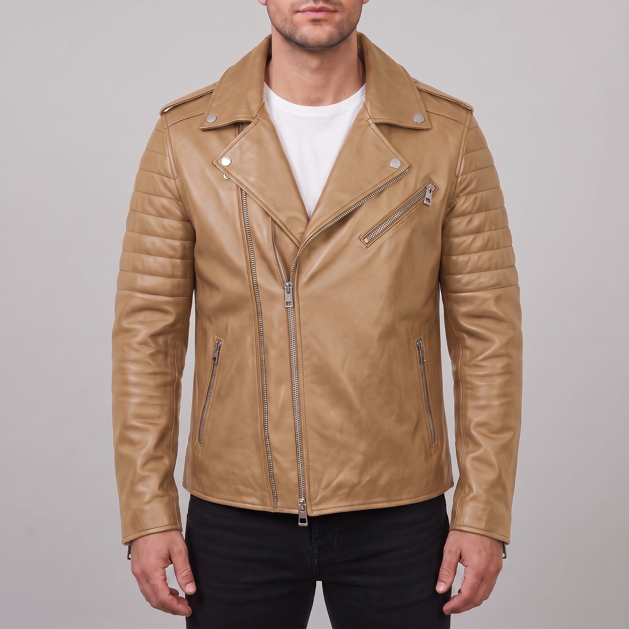Men's Tan Leather Biker Jacket — Bickley