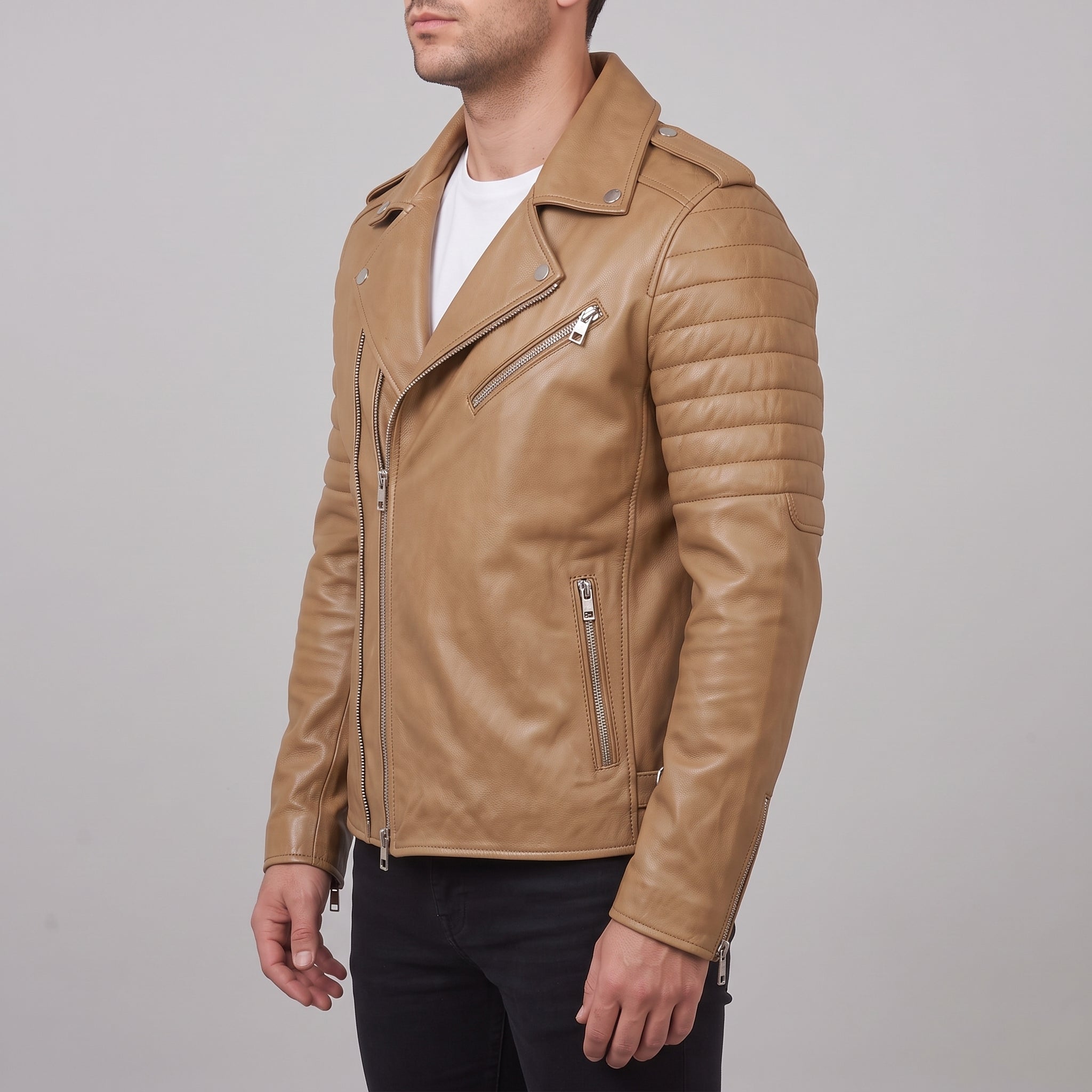 Men's Tan Leather Biker Jacket — Bickley
