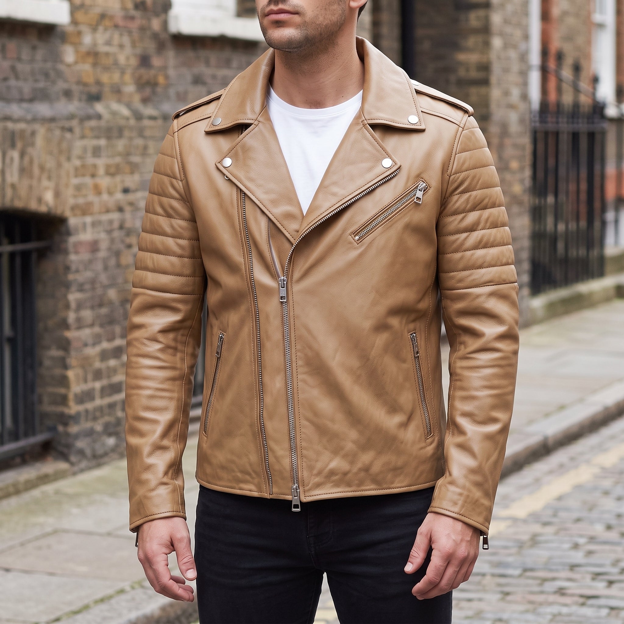 Men's Tan Leather Biker Jacket — Bickley