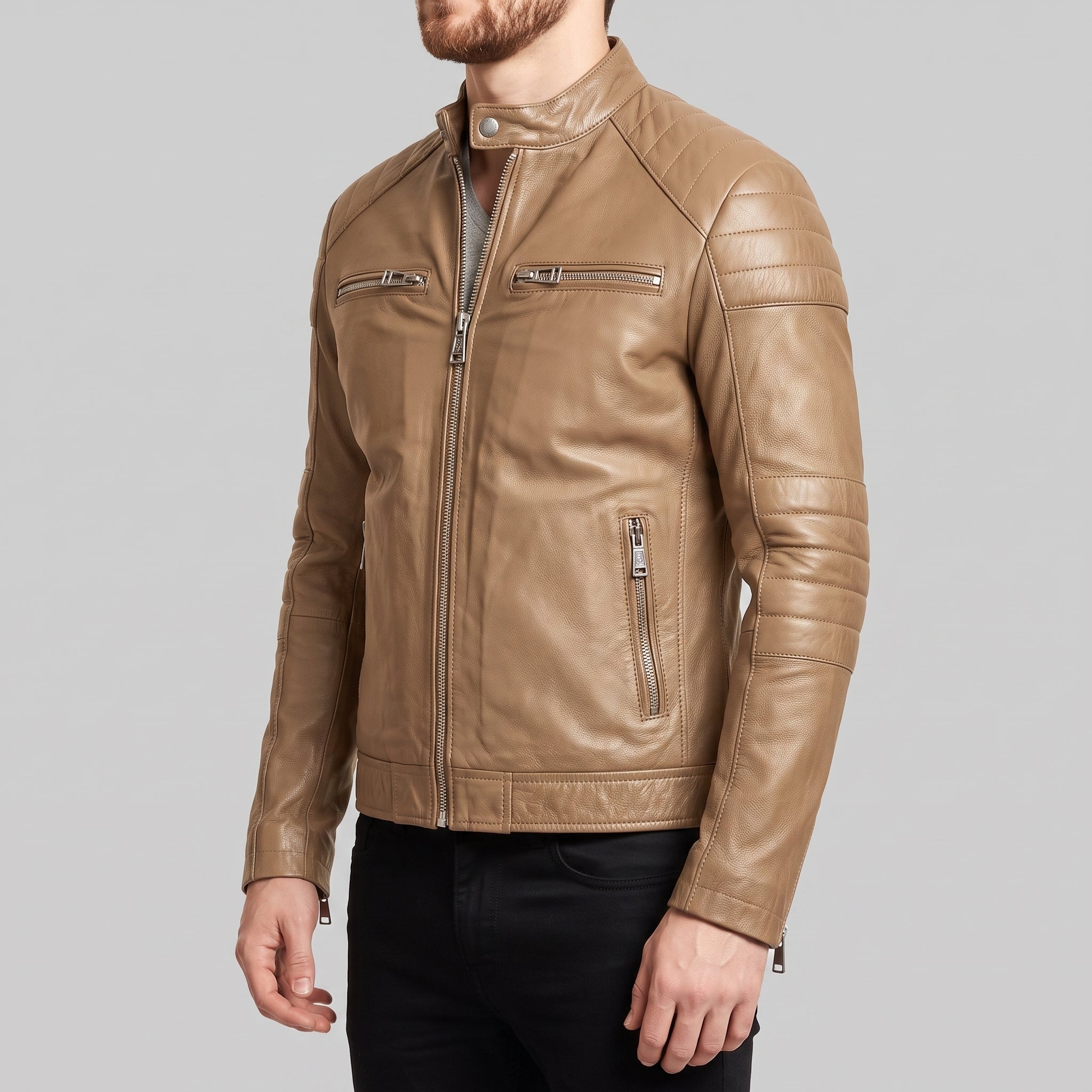 Men's Tan Leather Biker Jacket — Branton