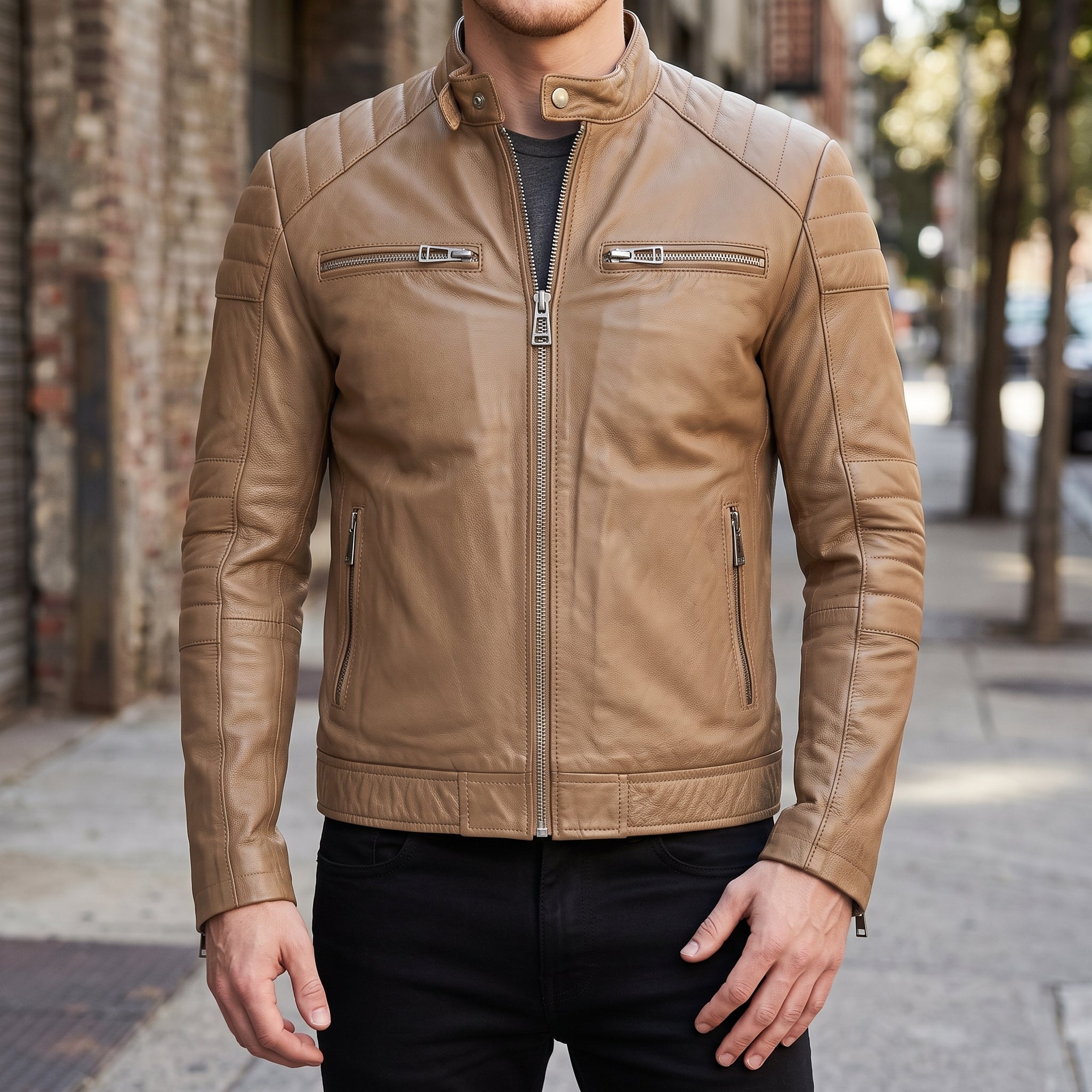Men's Tan Leather Biker Jacket — Branton