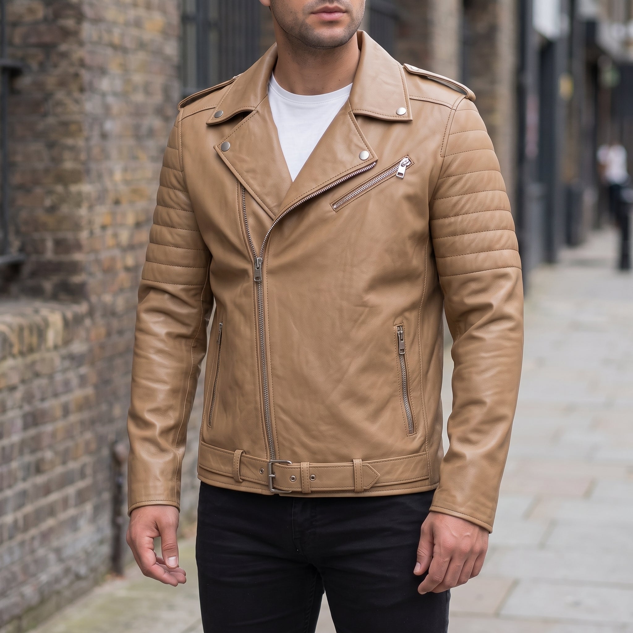 Men's Tan Leather Biker Jacket — Bridgend