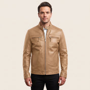Men's Tan Leather Biker Jacket — Clavell