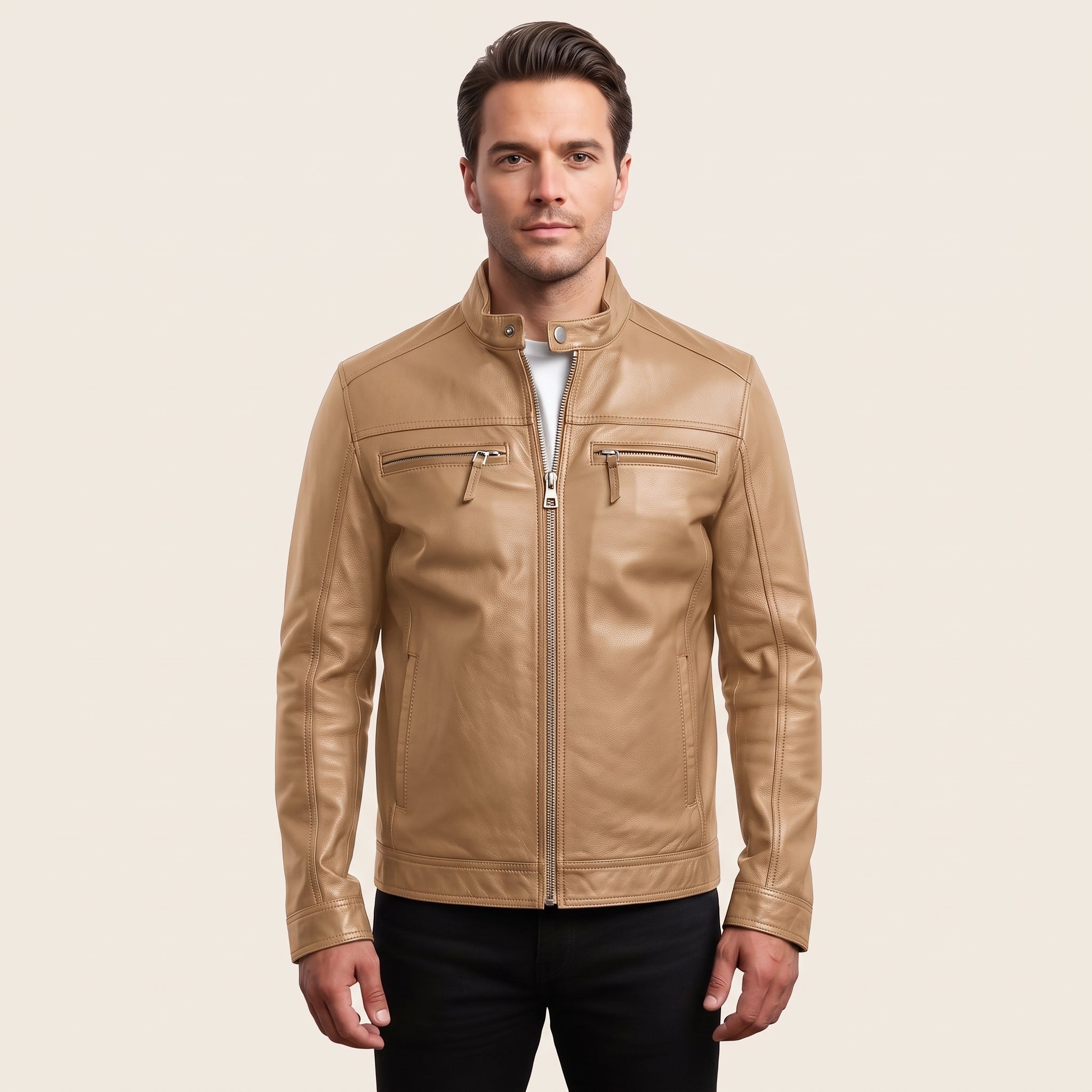 Men's Tan Leather Biker Jacket — Clavell