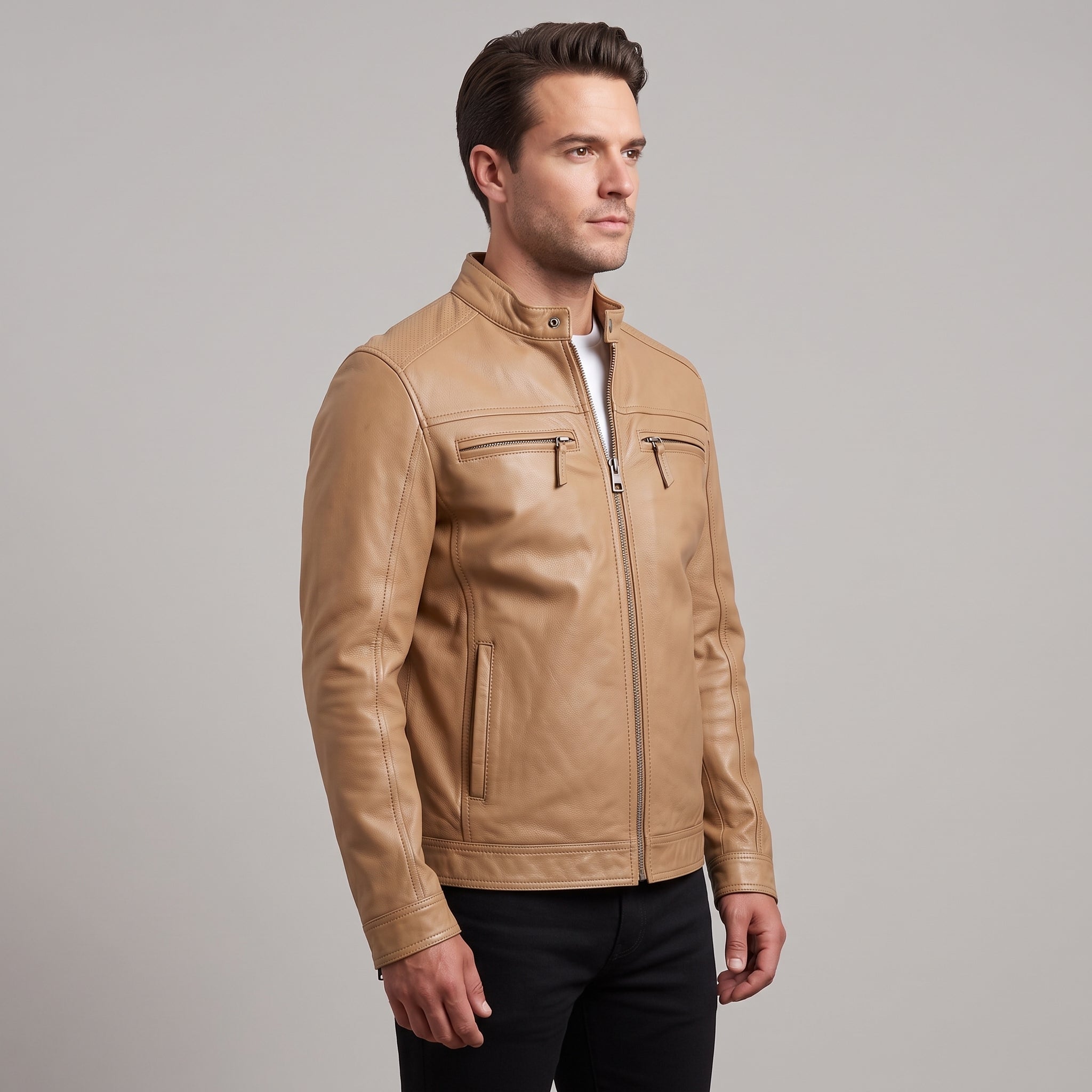Men's Tan Leather Biker Jacket — Clavell