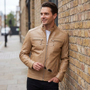 Men's Tan Leather Biker Jacket — Clavell