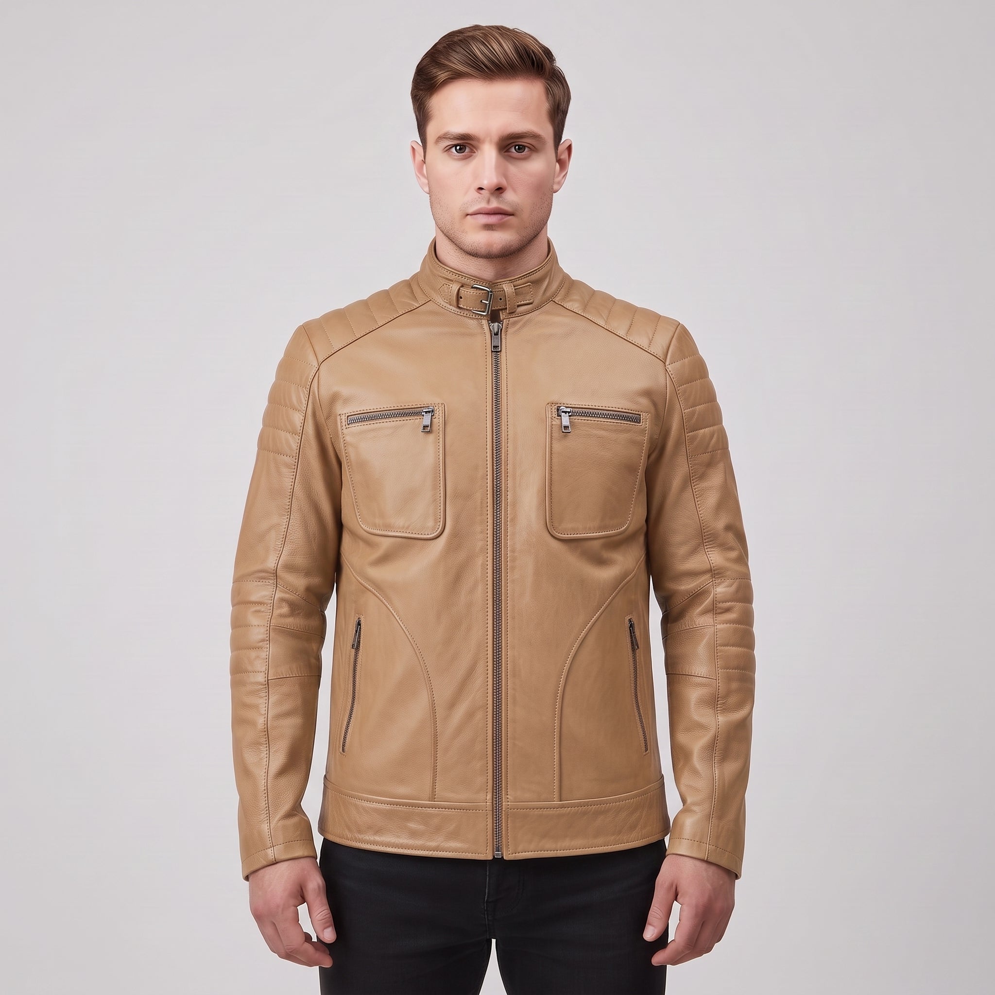 Men's Tan Leather Biker Jacket — Collis