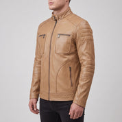 Men's Tan Leather Biker Jacket — Collis