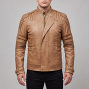 Men's Tan Leather Biker Jacket — Davenham