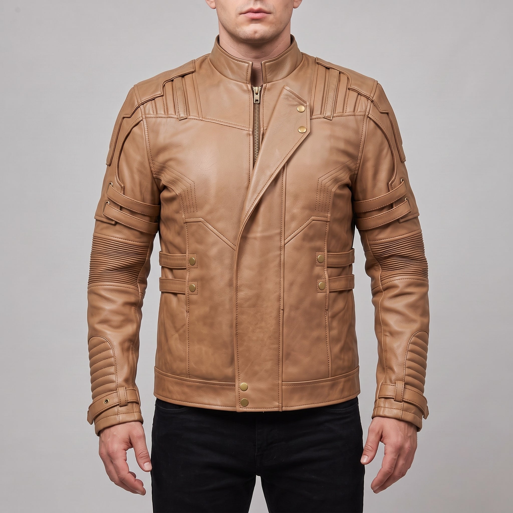 Men's Tan Leather Biker Jacket — Davenham
