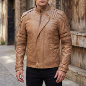 Men's Tan Leather Biker Jacket — Davenham