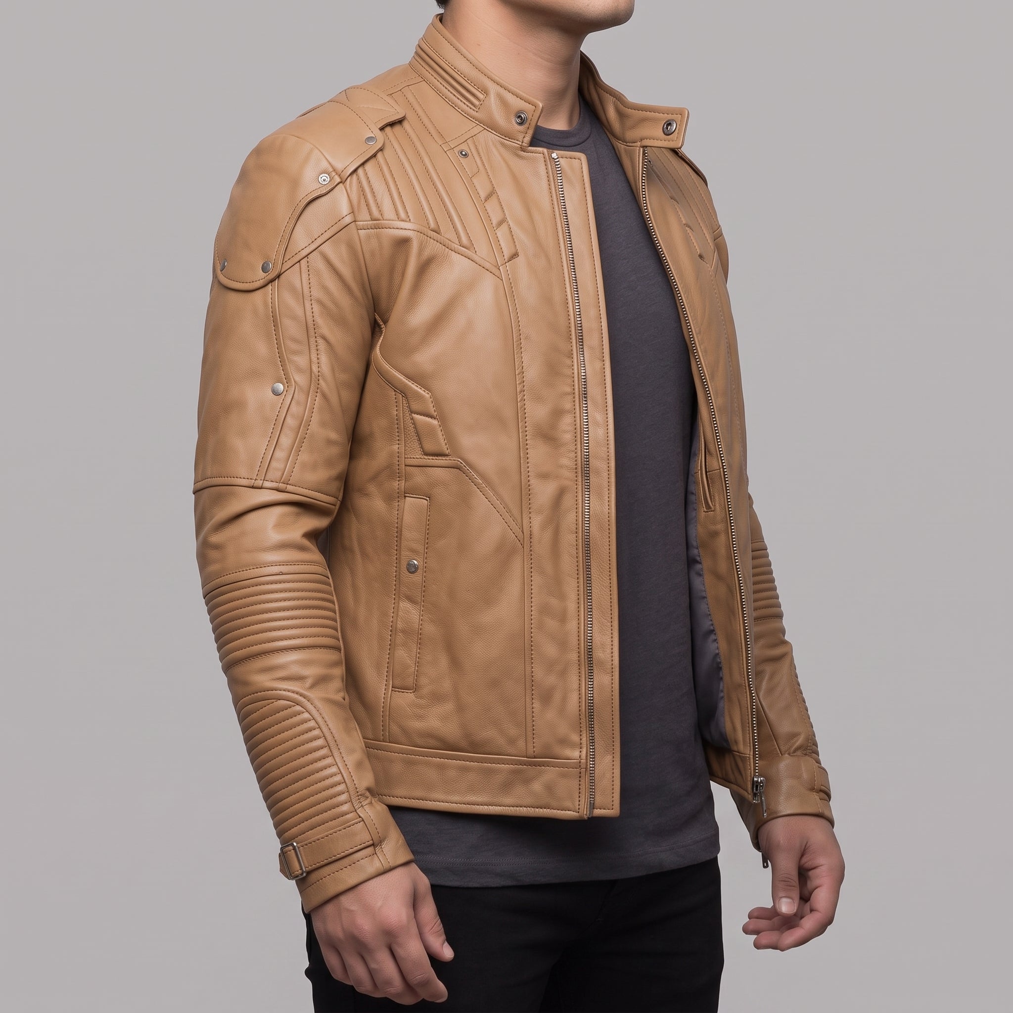 Men's Tan Leather Biker Jacket — Daventry