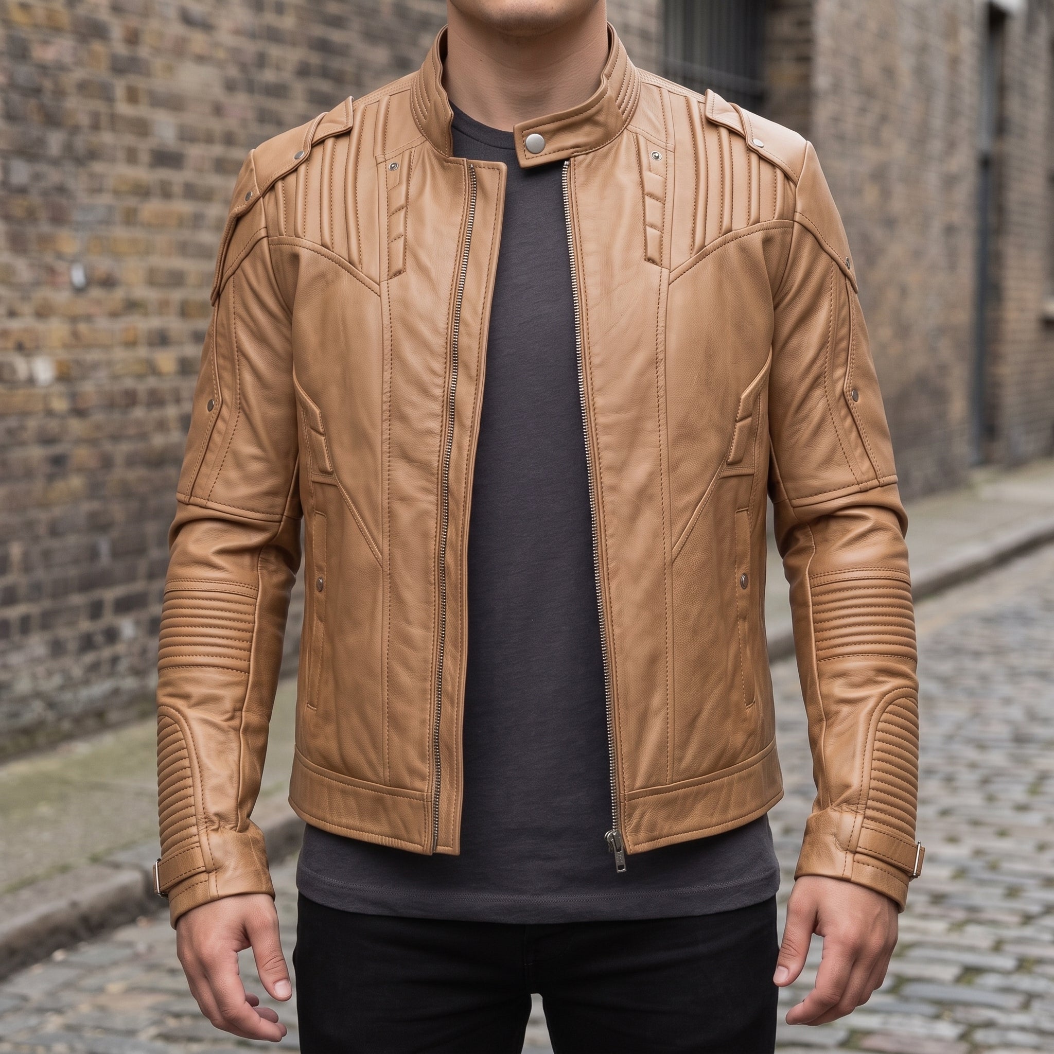 Men's Tan Leather Biker Jacket — Daventry