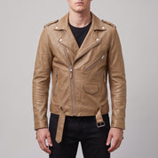 Men's Tan Leather Biker Jacket — Deaville
