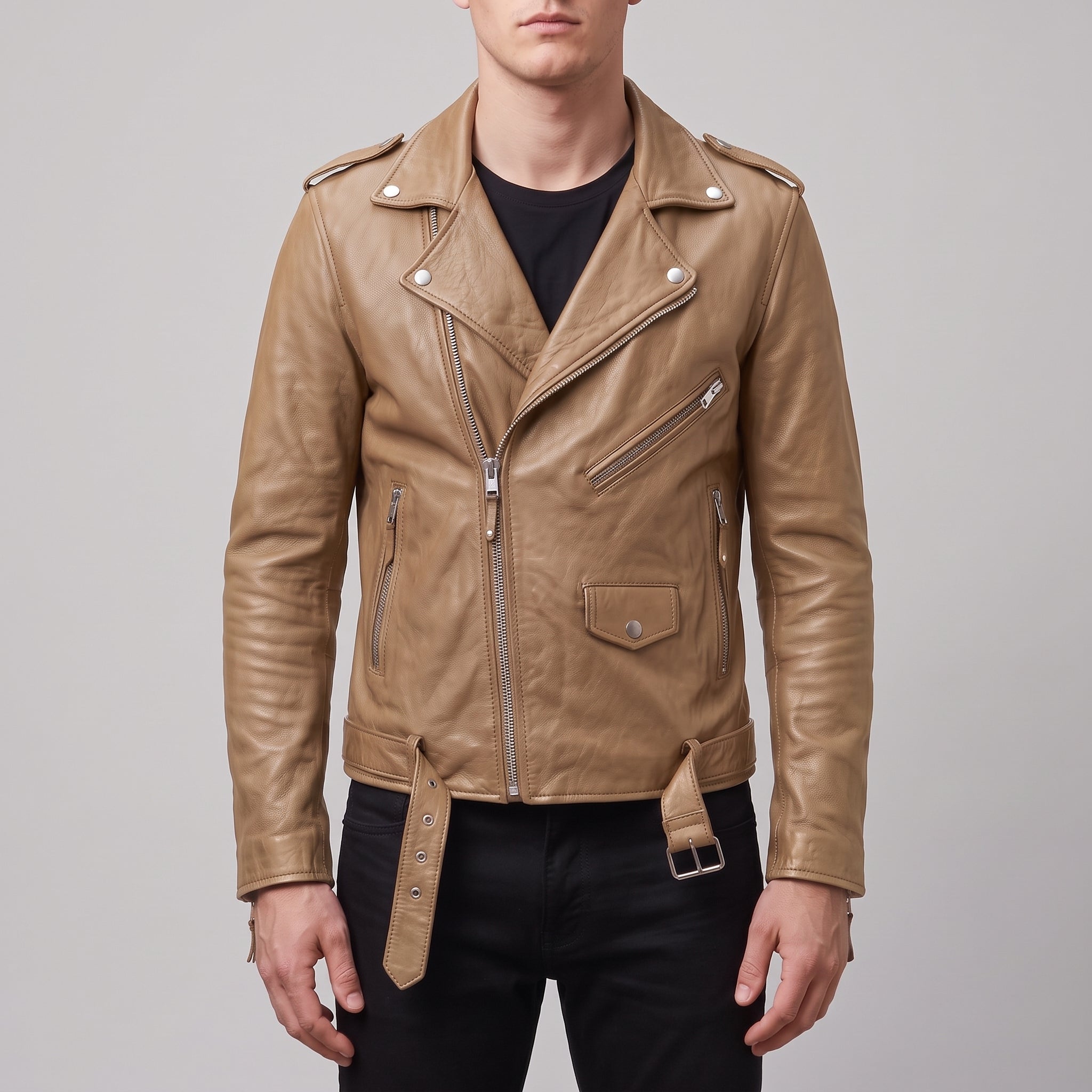 Men's Tan Leather Biker Jacket — Deaville