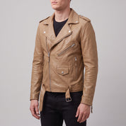 Men's Tan Leather Biker Jacket — Deaville