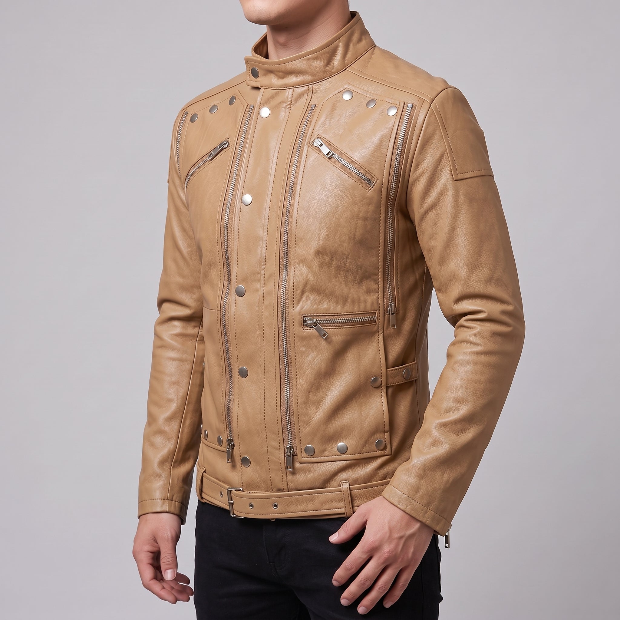 Men's Tan Leather Biker Jacket — Hempstead