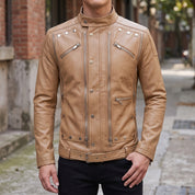 Men's Tan Leather Biker Jacket — Hempstead