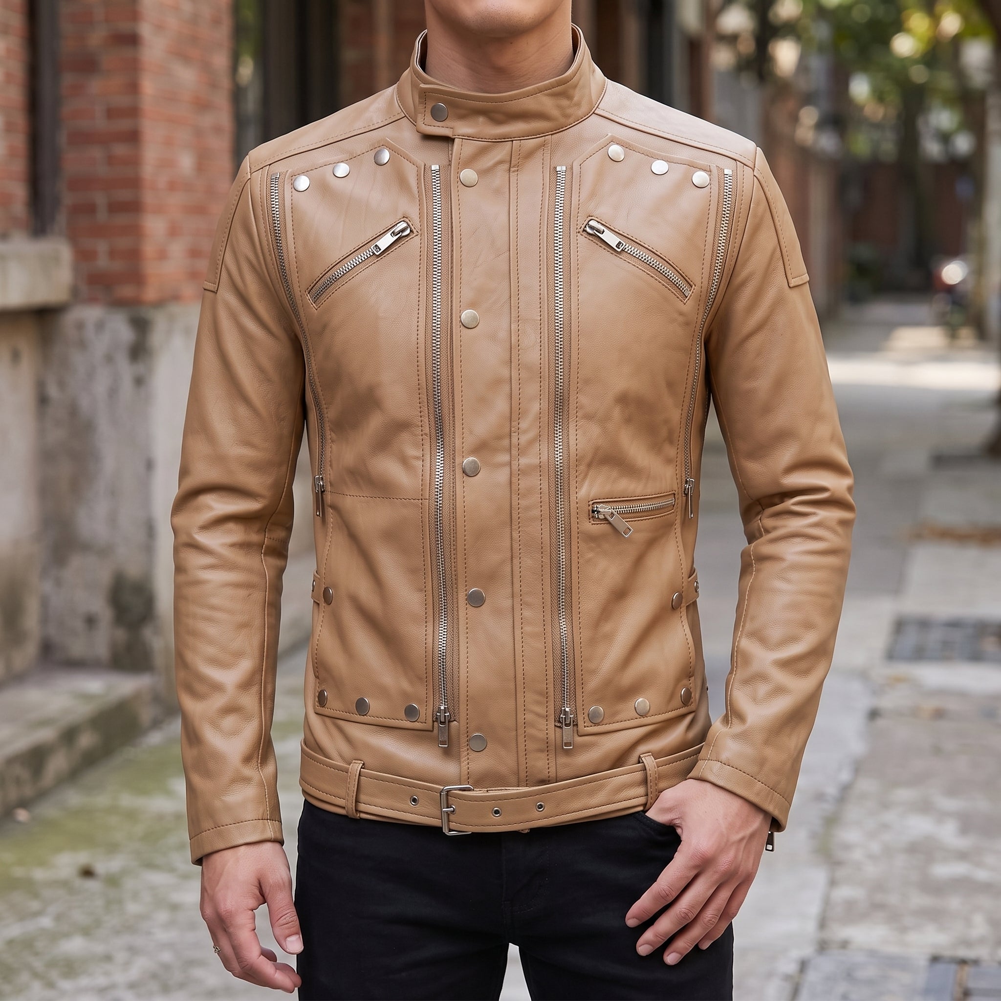 Men's Tan Leather Biker Jacket — Hempstead