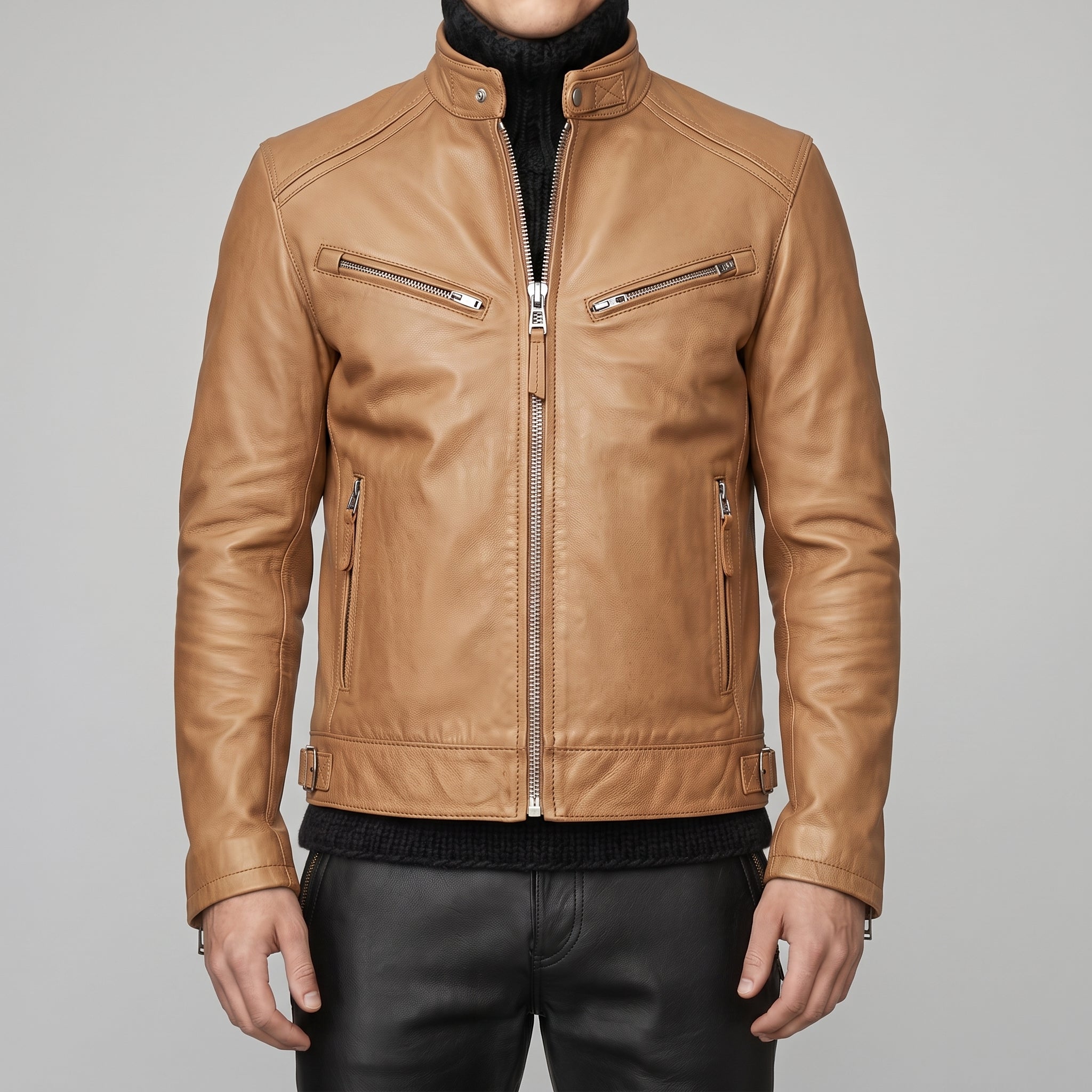 Men's Tan Leather Biker Jacket — Luton