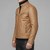 Men's Tan Leather Biker Jacket — Luton