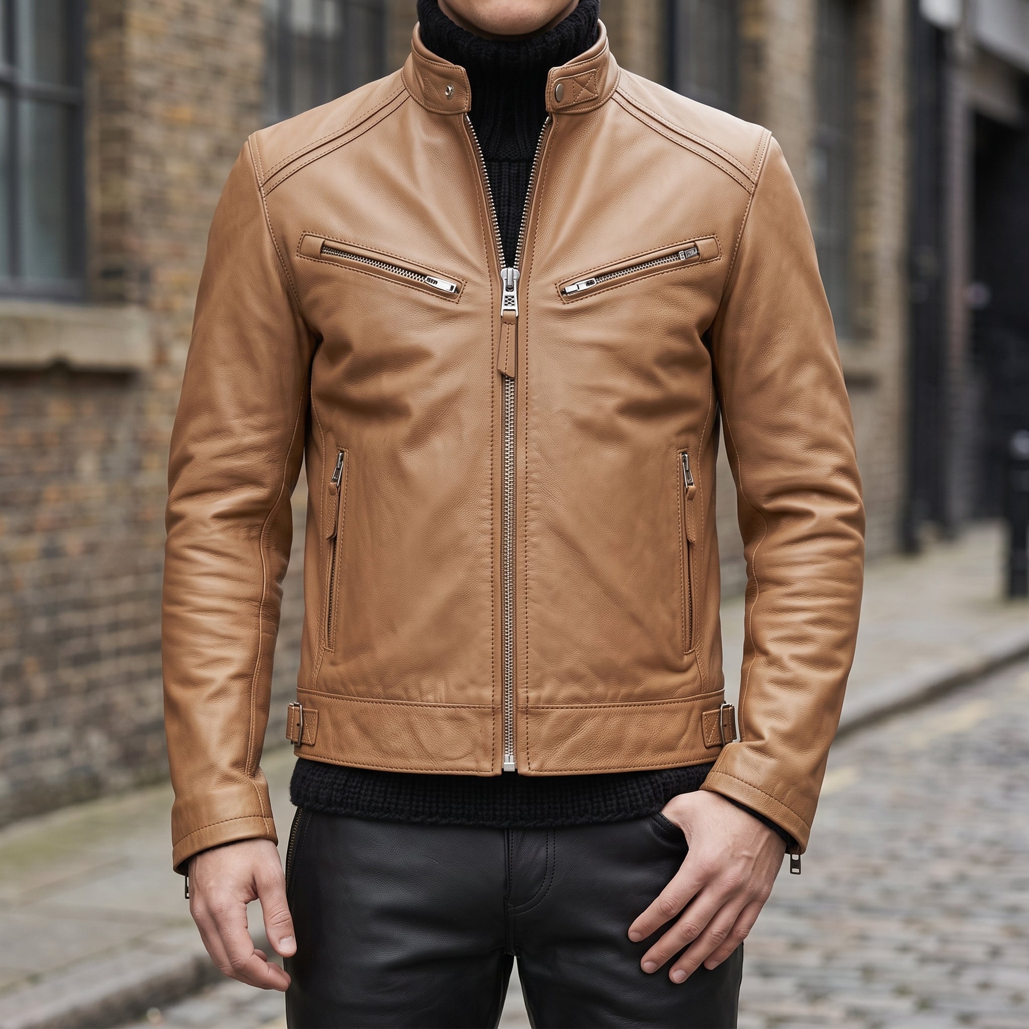 Men's Tan Leather Biker Jacket — Luton