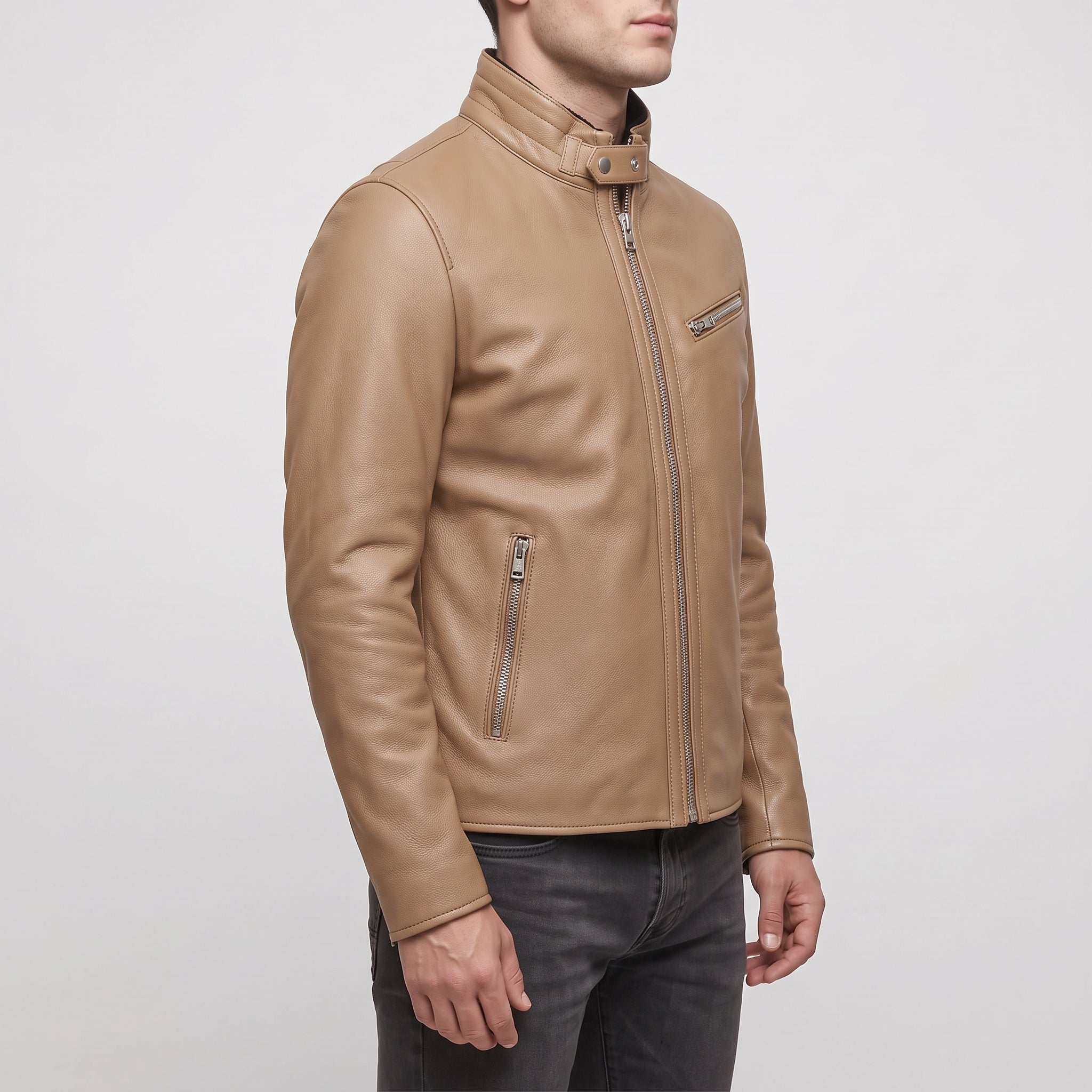 Men's Tan Leather Biker Jacket — Uckfield