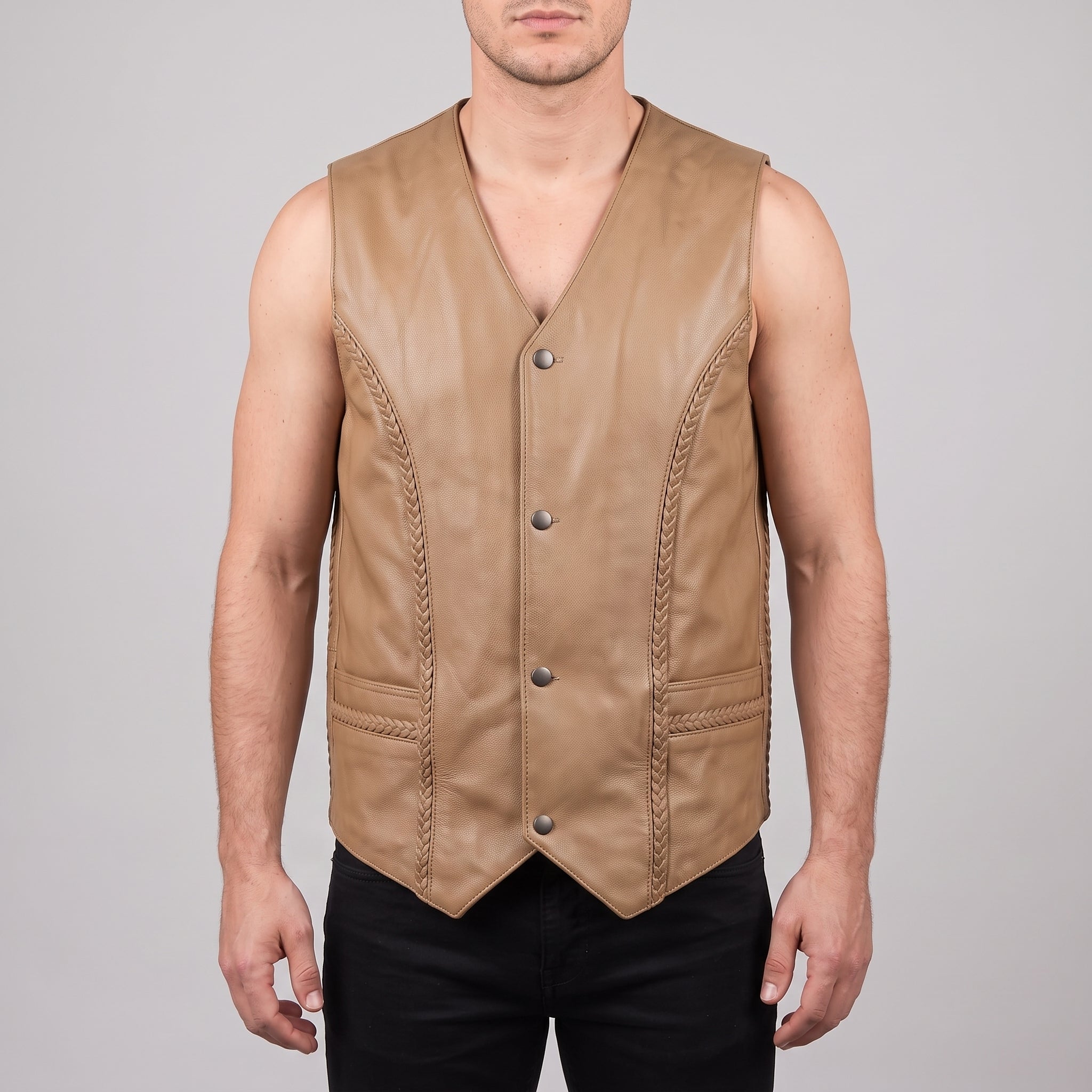 Men's Tan Leather Biker Vest — Culworth