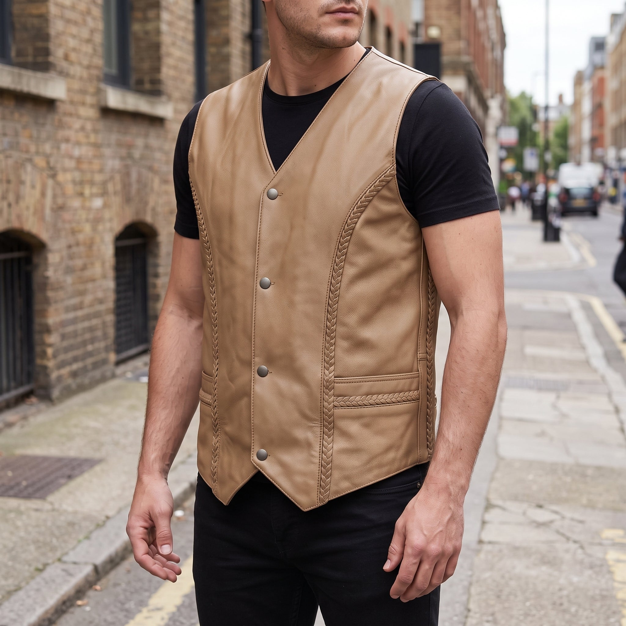 Men's Tan Leather Biker Vest — Culworth