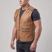 Men's Tan Leather Biker Vest — Newman