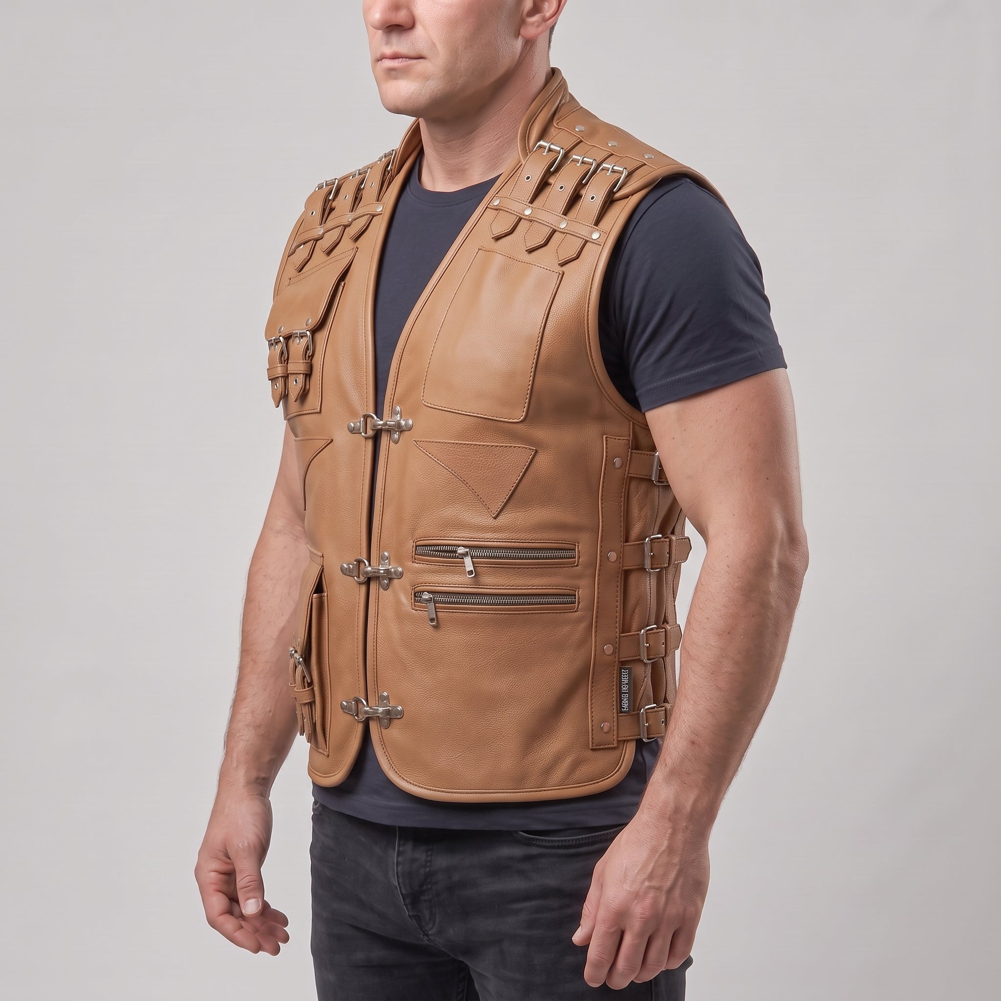 Men's Tan Leather Biker Vest — Newman