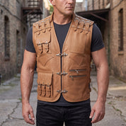 Men's Tan Leather Biker Vest — Newman