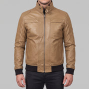 Men's Tan Leather Bomber Jacket — Blake