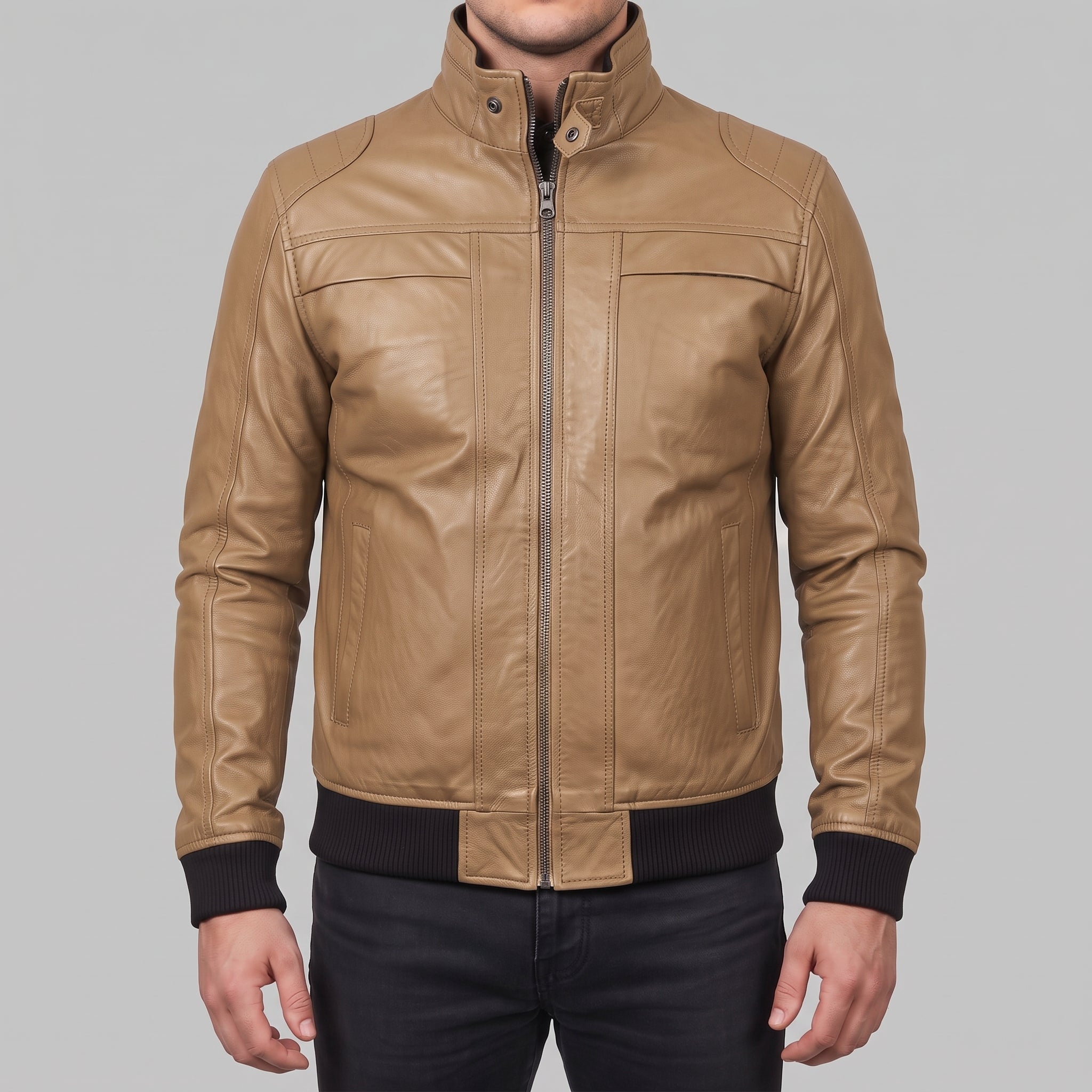 Men's Tan Leather Bomber Jacket — Blake